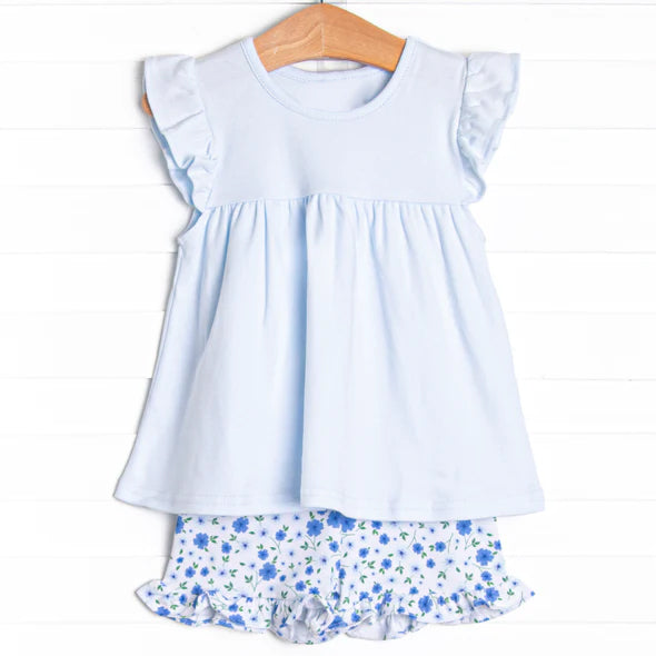 Baby Girls Flutter Sleeve Tunic Ruffle Blue Small Flowers Shorts Clothes Sets Preorder