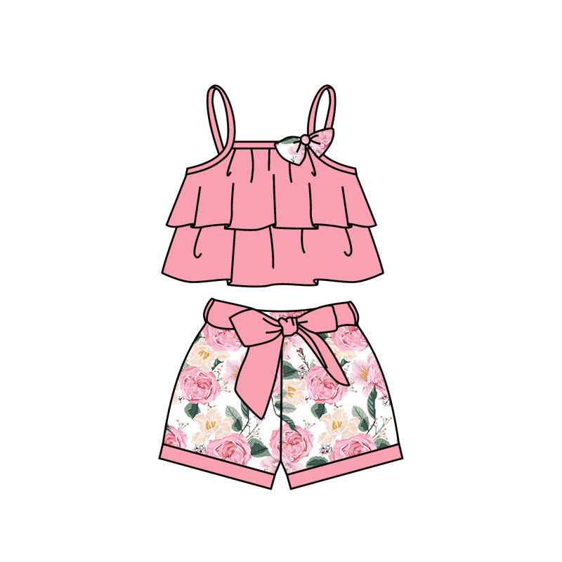 Baby Girls Pink Ruffle Top Flowers Belt Shorts Clothes Sets Preorder