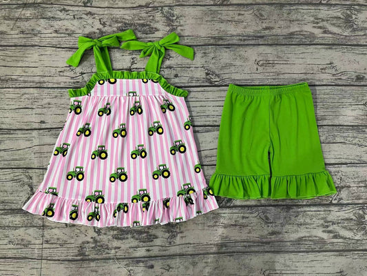Baby Girls Pink Stripes Tractors Tunic Ruffle Shorts Clothes Sets