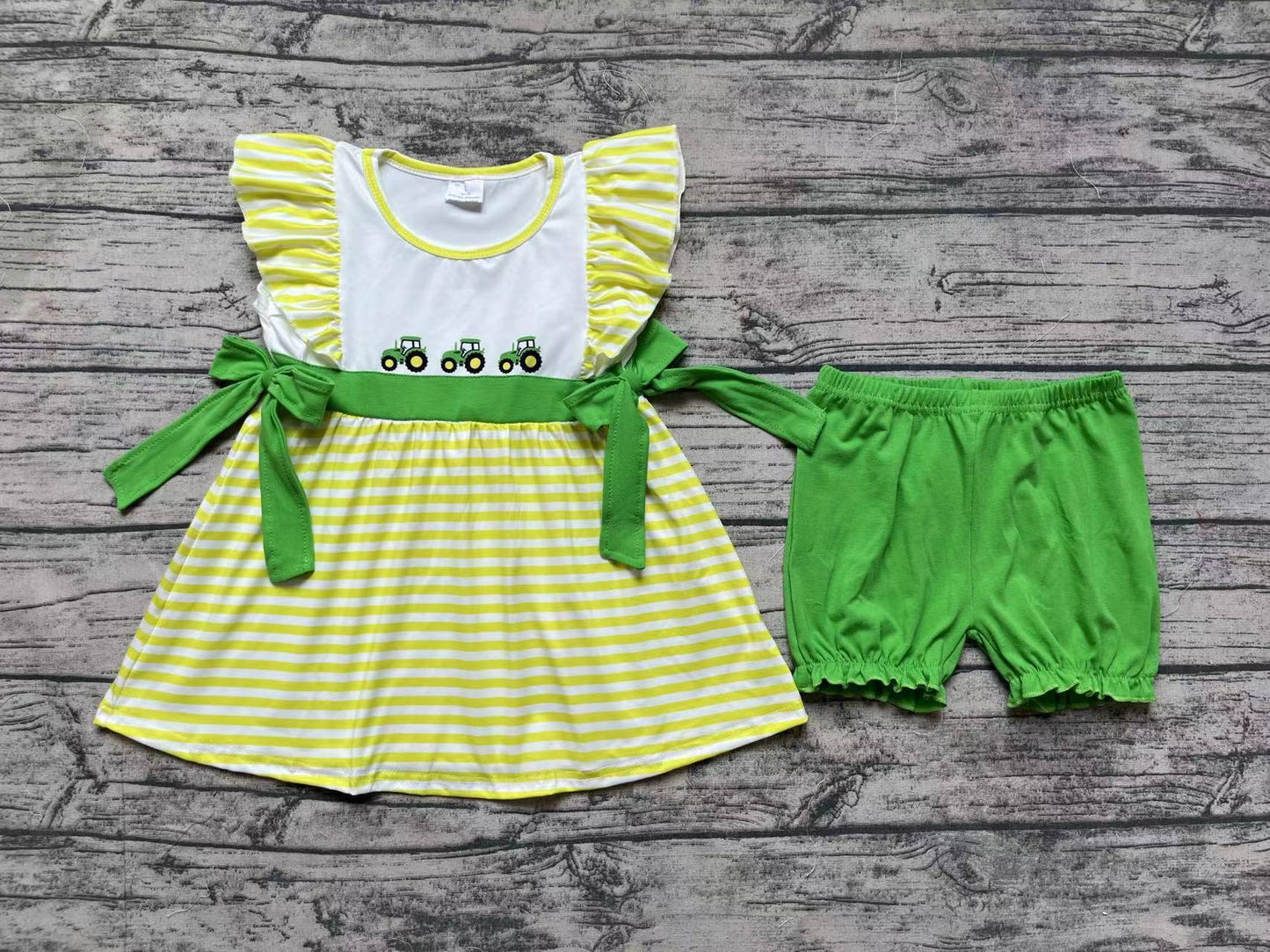 Baby Girls Stripes Tractors Bows Ruffle Tunic Shorts Clothes Sets Preorder