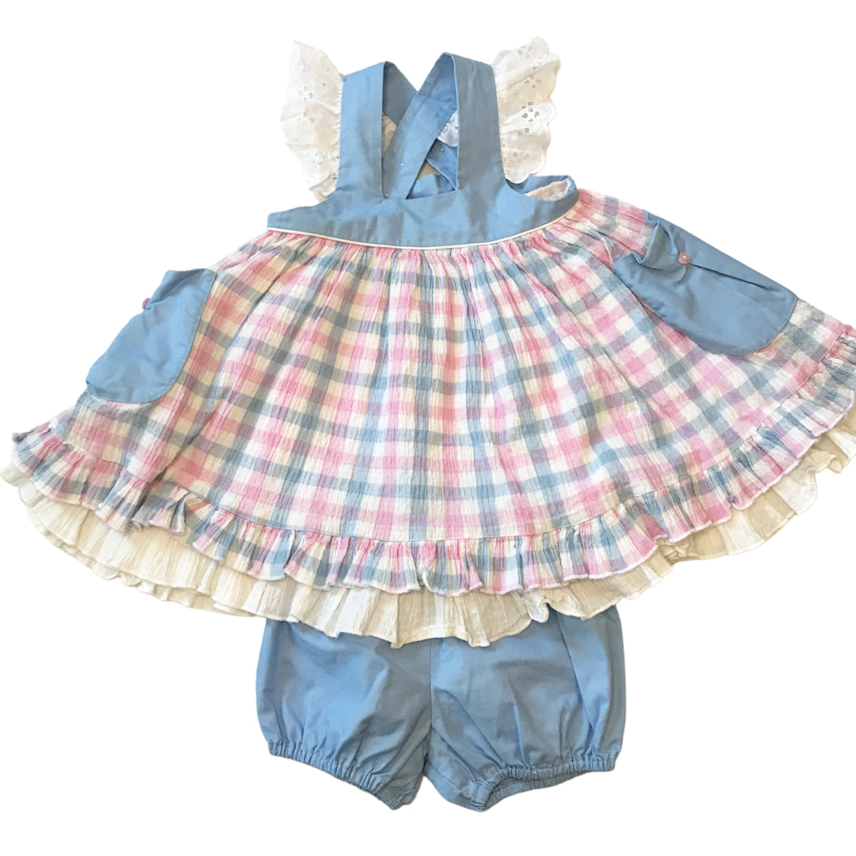 Baby Girls Pink Blue Checkered Flutter Sleeve Tunic Top Shorts Clothes Sets Preorder