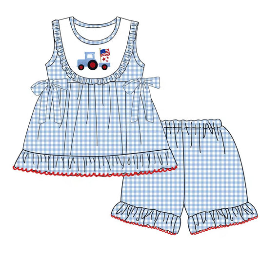 Baby Girls Blue Checked Flag Trunk Tunic Top Ruffle Shorts Clothes Sets Preorder