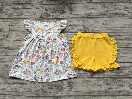 Baby Girls Dogs Back To School Flutter Sleeve Tunic Top Shorts Clothes Sets