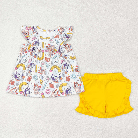 Baby Girls Dogs Back To School Flutter Sleeve Tunic Top Shorts Clothes Sets