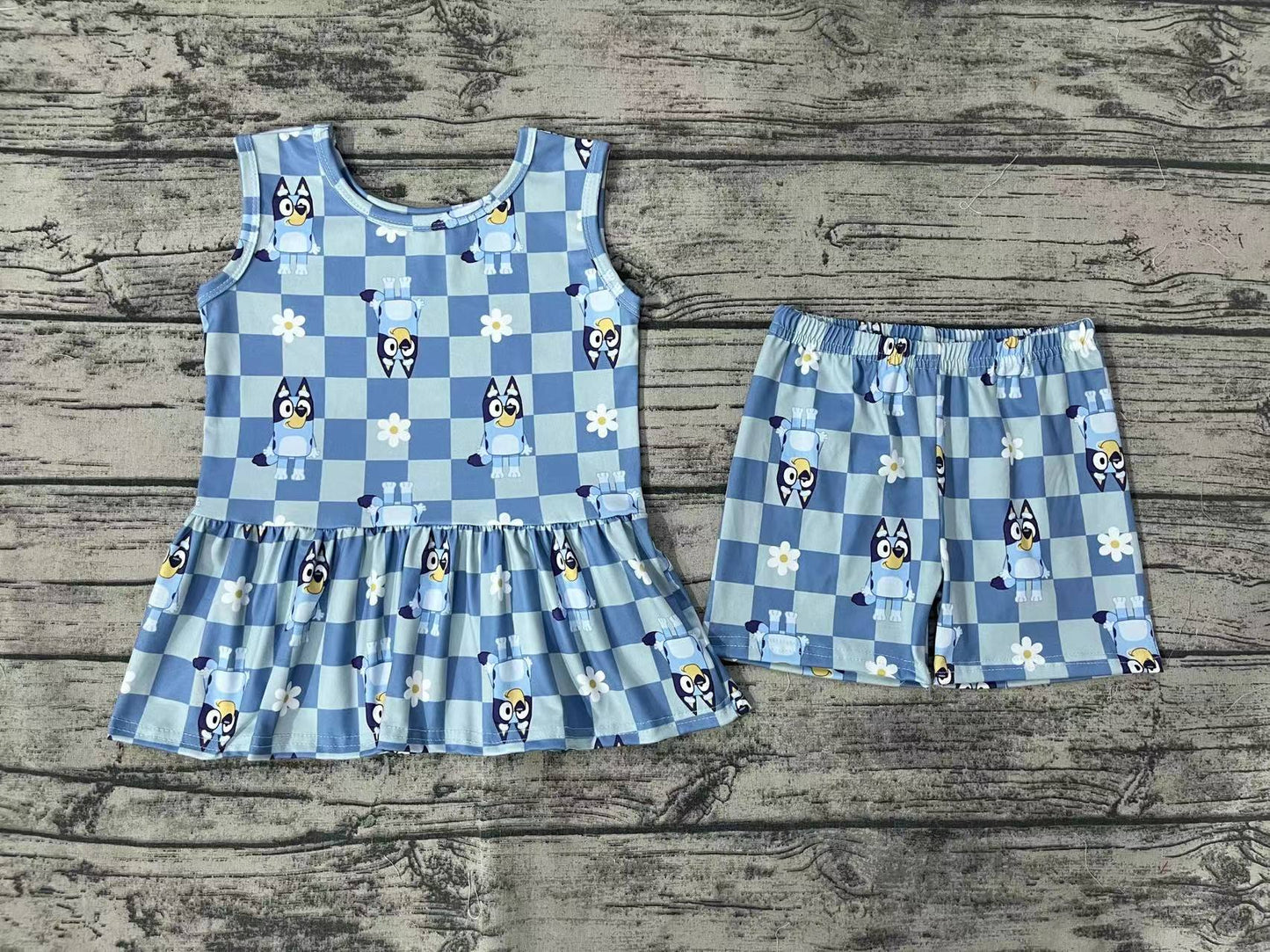 Baby Girls Blue Dogs Flowers Tunic Top Shorts Clothes Sets