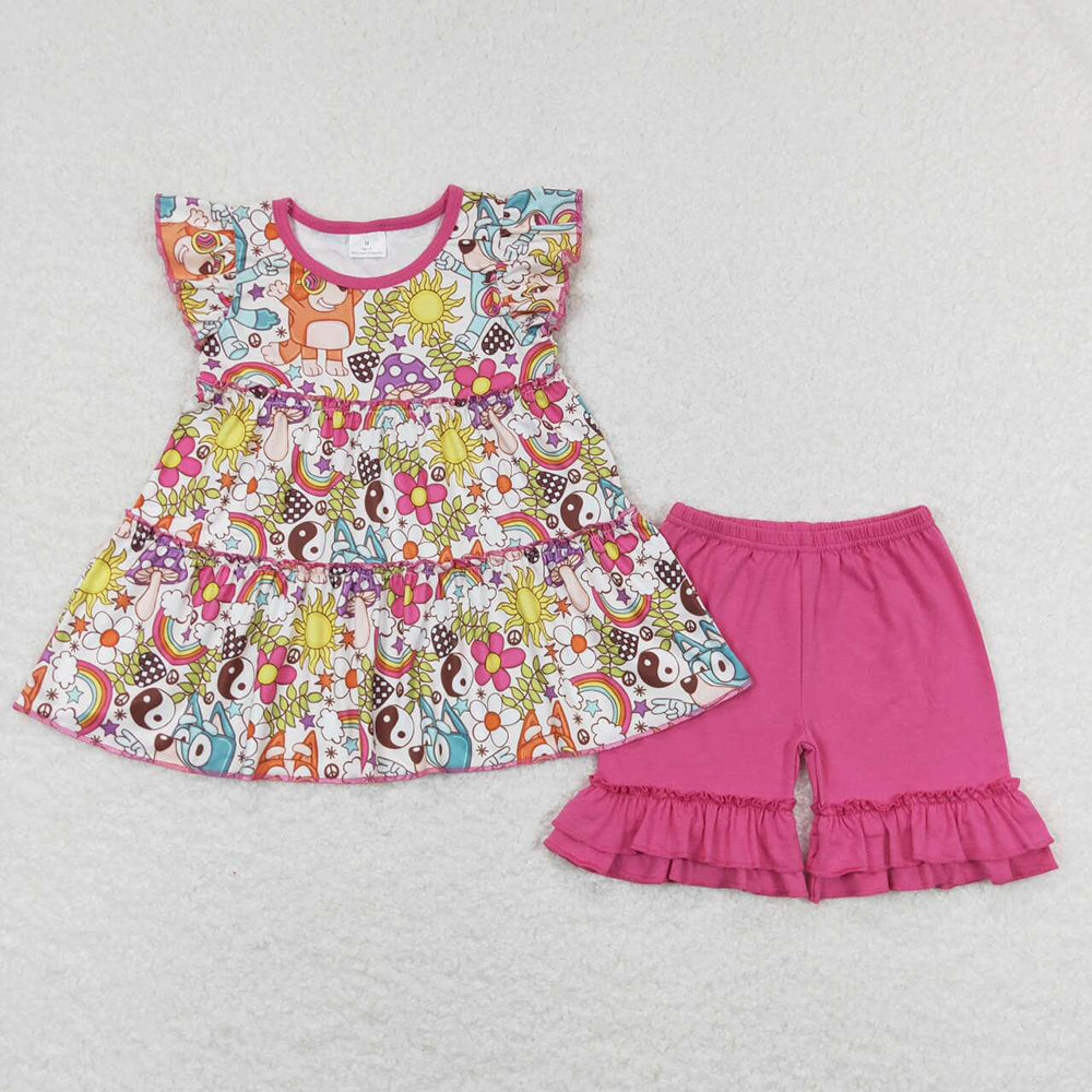 Sibling Baby Girls Dogs Cartoon Tunic Top Ruffle Shorts Clothes Sets