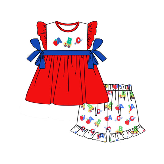 Baby Girls ABC Back To School Tunic Top Ruffle Shorts Clothes Sets Preorder