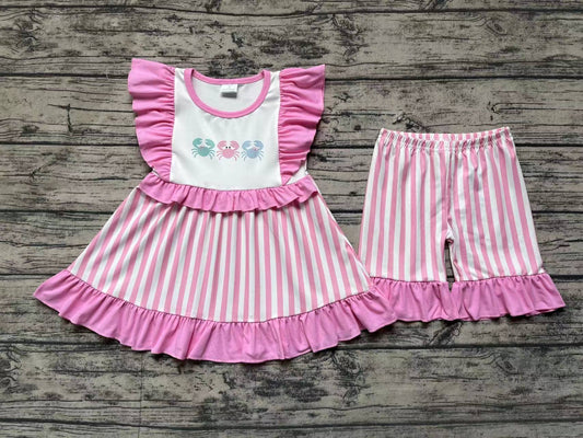 Baby Girls Crabs Pink Stripes Tunic Ruffle Shorts Clothes Sets