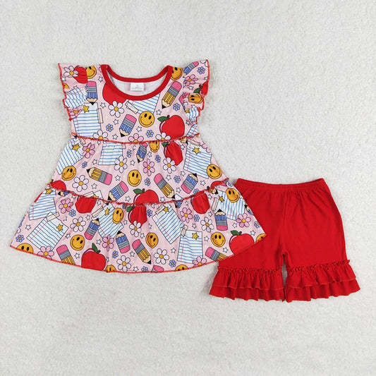 Baby Girls Back To School Apples Flowers Tunic Ruffle Shorts Clothes Sets