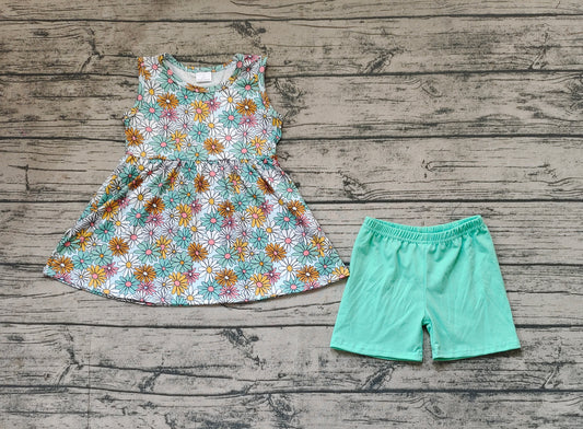 Baby Girls Blue Flowers Sleeveless Tunic Shorts Clothes Sets