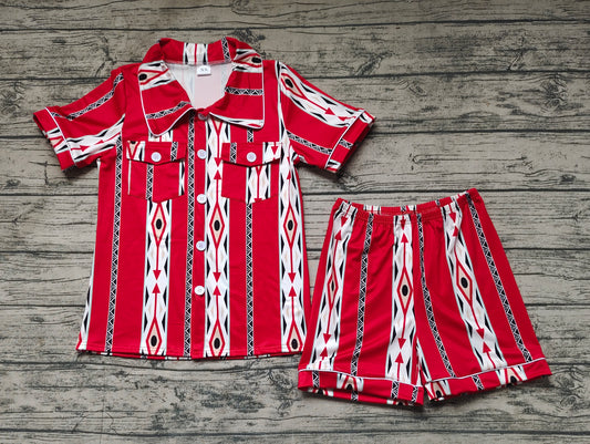 Adult Women Adult Red Aztec Short Sleeve Buttons Tee Shorts Pajamas Sets