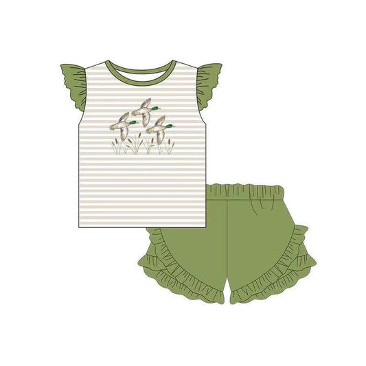 Baby Girls Flutter Sleeve Ducks Shirt Ruffle Shorts Clothes Sets Preorder