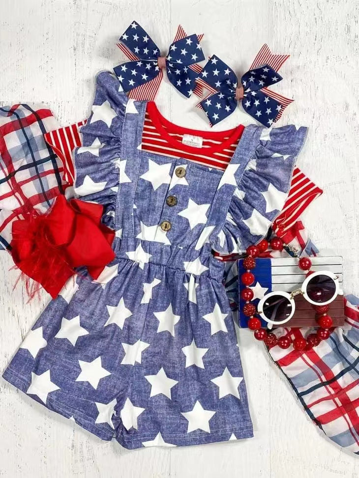 Baby Girls Stars 4th Of July Summer Jumpsuits Shirts Clothes Sets Preorder