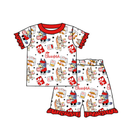 Baby Girls Red Dogs Fries Chips Short Sleeve Shirt Ruffle Shorts Pajamas Clothes Sets Preorder