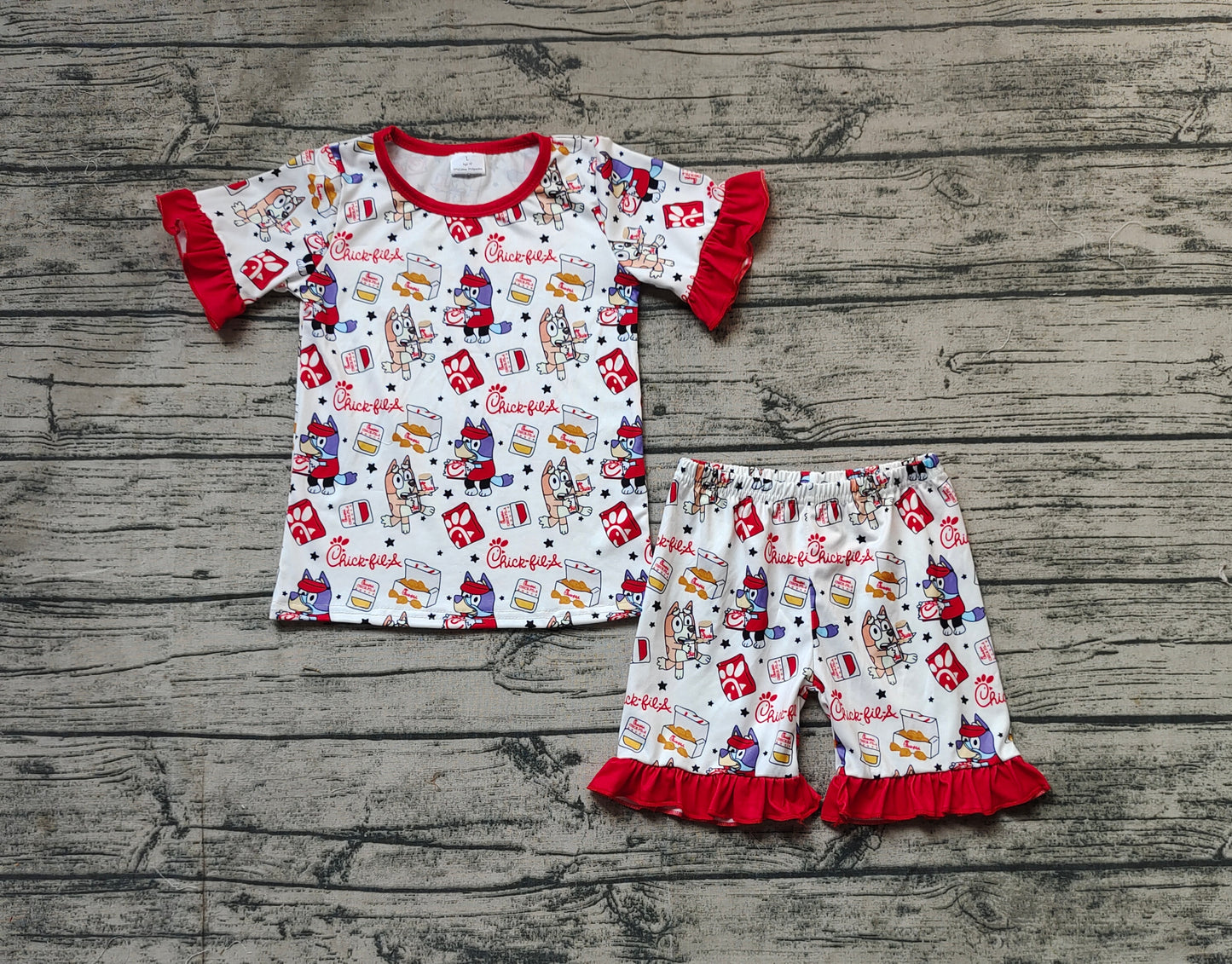 Baby Girls Red Dogs Fries Chips Short Sleeve Shirt Ruffle Shorts Pajamas Clothes Set