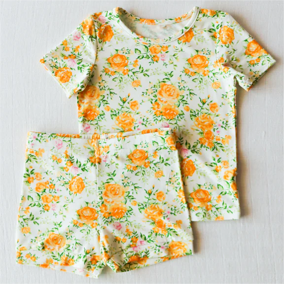 Baby Girls Yellow Flowers Tee Top Shorts Pajamas Clothes Sets Preorder