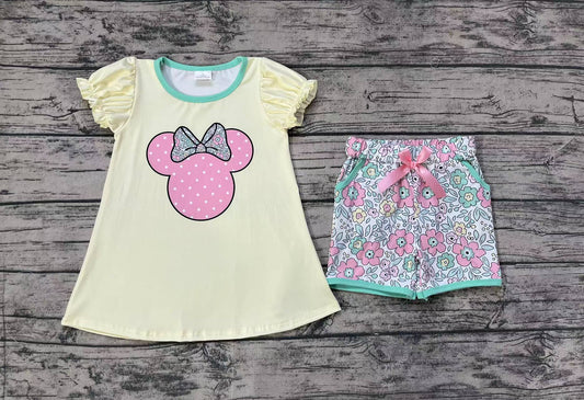 Baby Girls Mouse Short Sleeve Shirt Pockets Flowers Shorts Clothes Sets