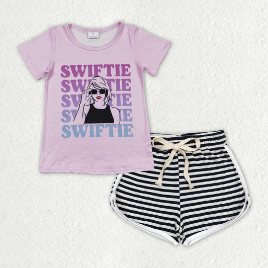 Baby Girls Purple Singer Shirt Top Black Stripes Shorts Clothes Sets