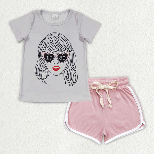 Baby Girls Grey Singer Shirt Pink Elastic Shorts Clothes Sets