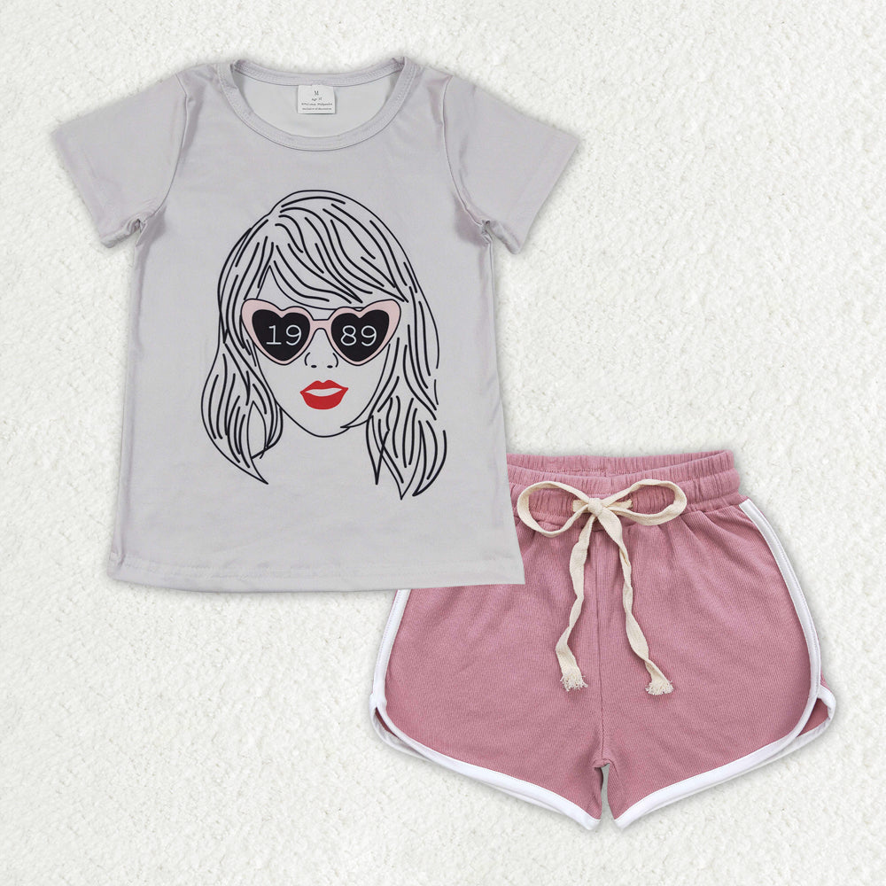 Baby Girls Grey Singer Shirt Dark Pink Elastic Shorts Clothes Sets