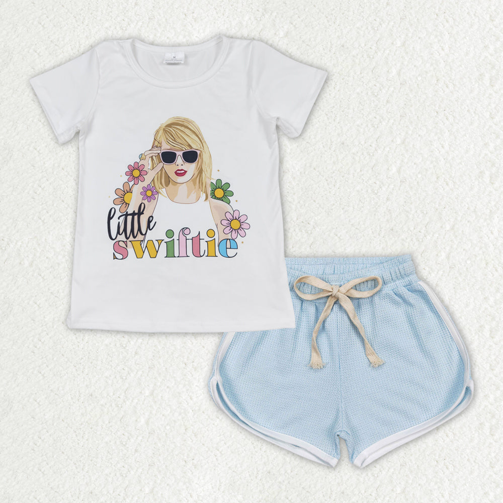 Baby Girls Little Singer Flower Shirt Top Blue Shorts Clothes Sets