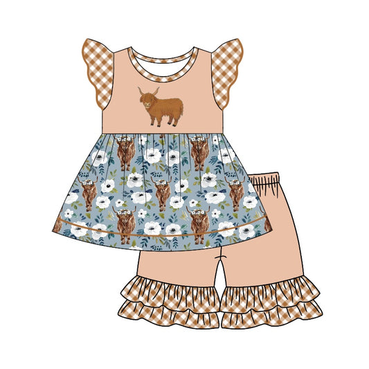 Baby Girls Flowers Highland Cow Flutter Sleeve Tunic Ruffle Shorts Clothes Sets Preorder