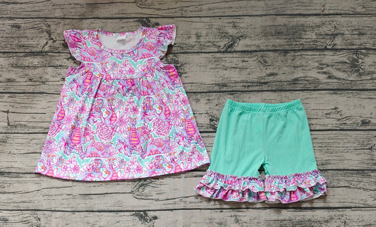 Baby Girls Flutter Sleeve Purple Flowers Top Ruffle Shorts Clothes Sets