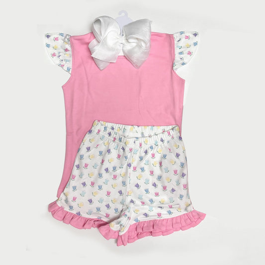 Baby Girls Pink Top Small Flowers Shorts Clothes Sets Preorder