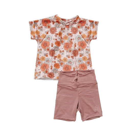 Baby Girls Flowers Short Sleeve Tops Pink Biking Shorts Clothes Sets Preorder