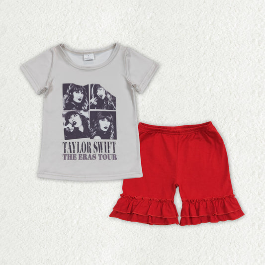 Baby Girls Summer Grey Singer Tour Shirt Top Red Ruffle Shorts Clothes Sets