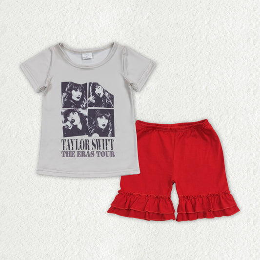 Baby Girls Summer Grey Singer Tour Shirt Top Red Ruffle Shorts Clothes Sets