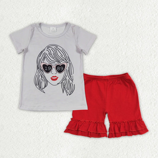 Baby Girls Summer Grey Singer Shirt Top Red Ruffle Shorts Clothes Sets