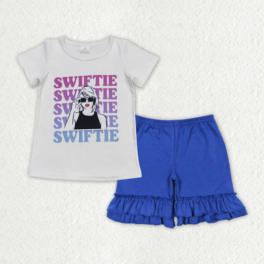 Baby Girls Summer Singer Shirt Top Royal Blue Ruffle Shorts Clothes Sets