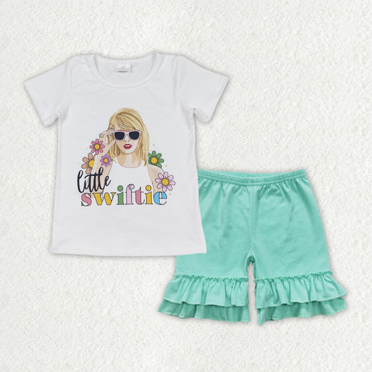 Baby Girls Summer Little Singer Shirt Top Green Ruffle Shorts Clothes Sets