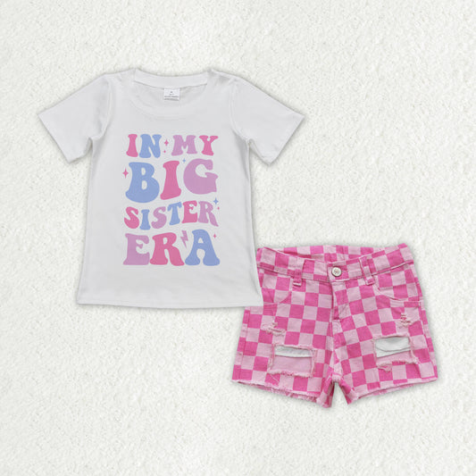Baby Girls Big Sister Shirt Top Pink Checkered Denim Shorts Clothes Sets