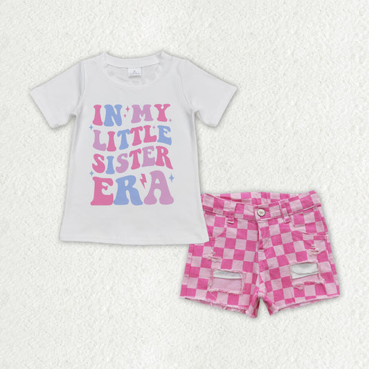 Baby Girls Little Sister Shirt Top Pink Checkered Denim Shorts Clothes Sets