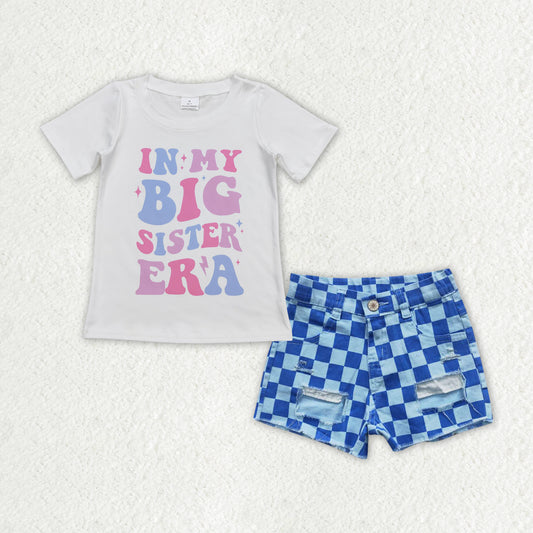 Baby Girls Big Sister Shirt Top Checkered Denim Shorts Clothes Sets