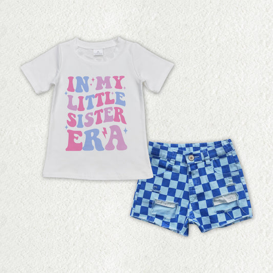Baby Girls Little Sister Shirt Top Checkered Denim Shorts Clothes Sets