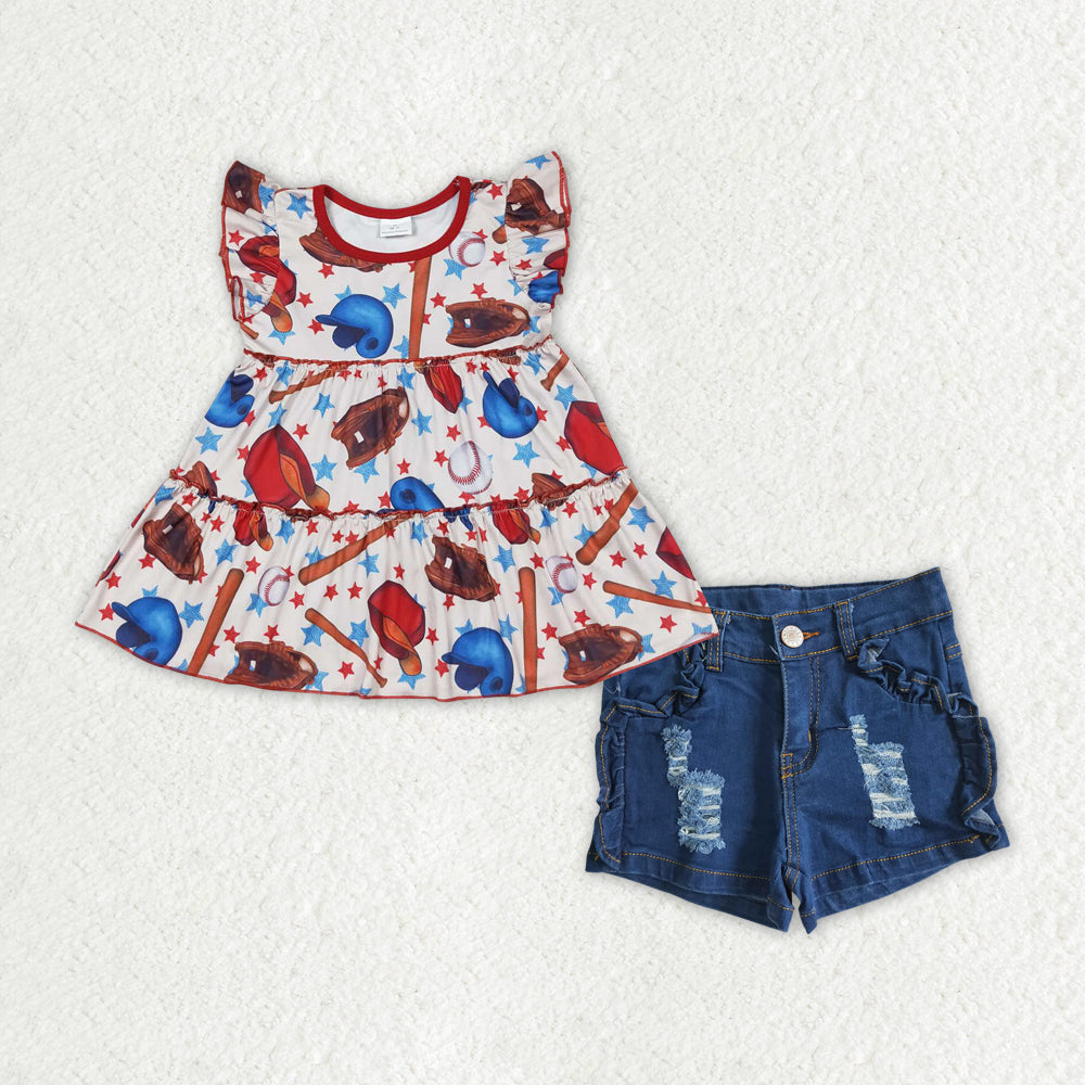 Baby Girls Baseball Red Tunic Top Navy Denim Shorts Clothes Sets