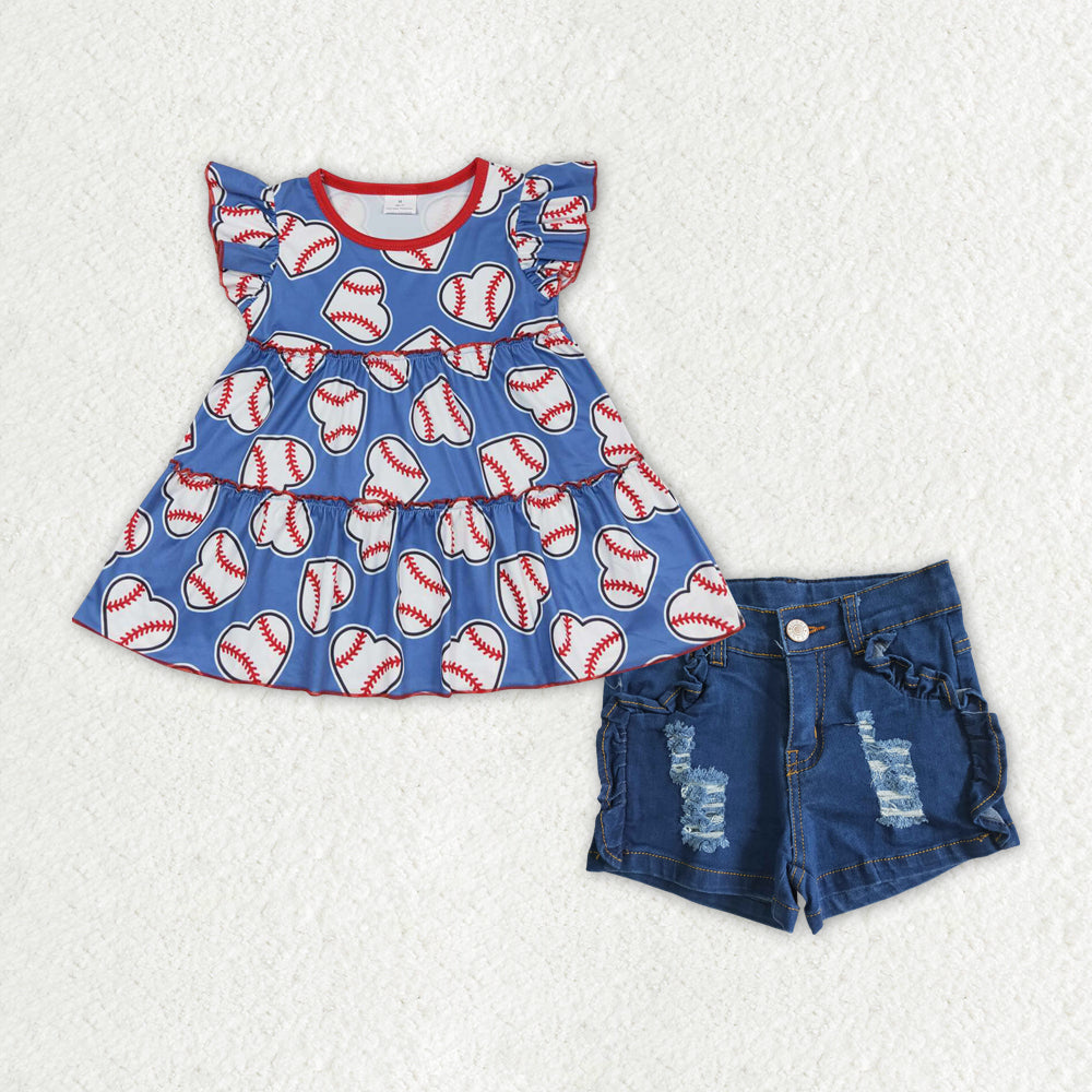 Baby Girls Baseball Tunic Top Navy Denim Shorts Clothes Sets