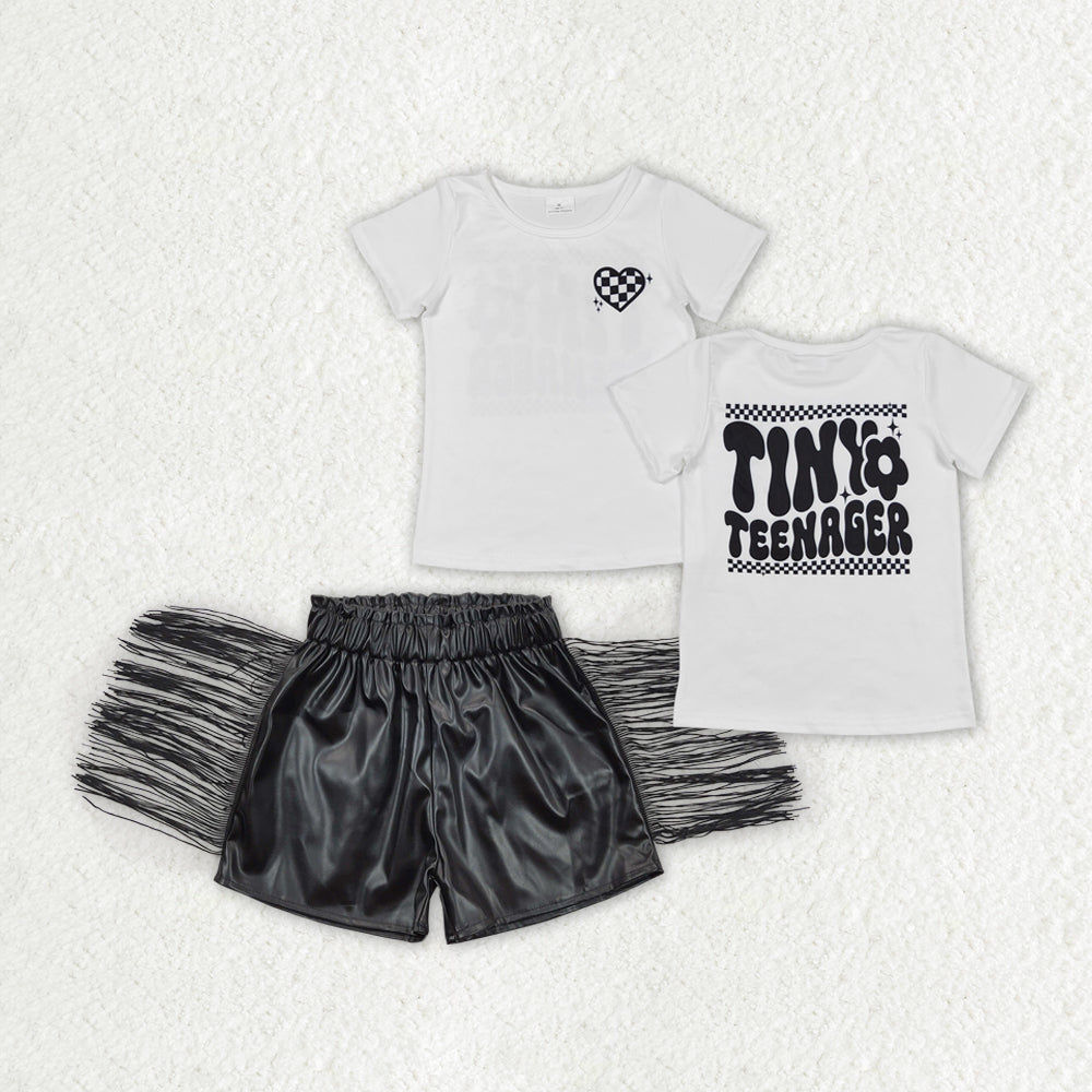 Baby Girls Little Teenager Shirts Tops Black Leather Tassel Shorts Clothes Sets