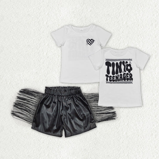 Baby Girls Little Teenager Shirts Tops Black Leather Tassel Shorts Clothes Sets