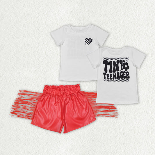 Baby Girls Little Teenager Shirts Tops Red Leather Tassel Shorts Clothes Sets