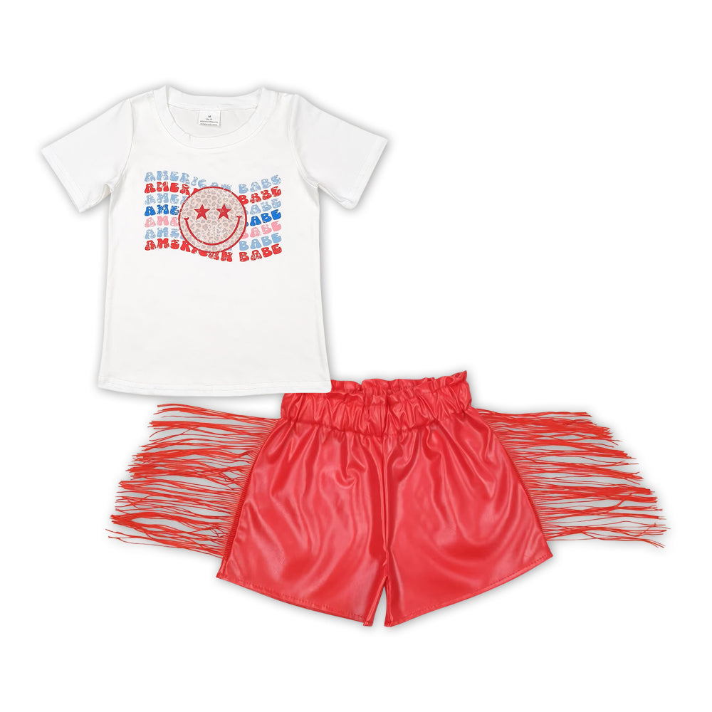 Baby Girls America Babe Shirts Tops Red Leather Tassel Shorts Clothes Sets