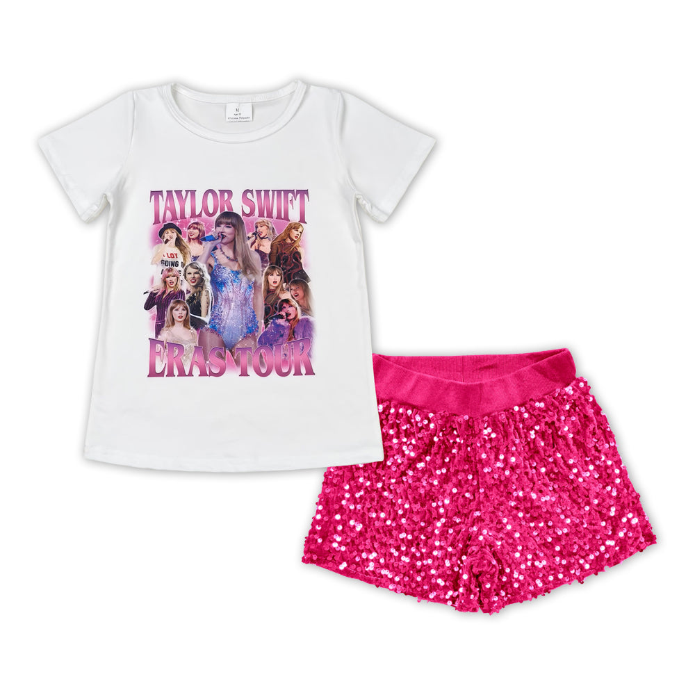 Baby Girls Singer Concert Tee Shirts Hot Pink Sequin Shorts Clothes Sets