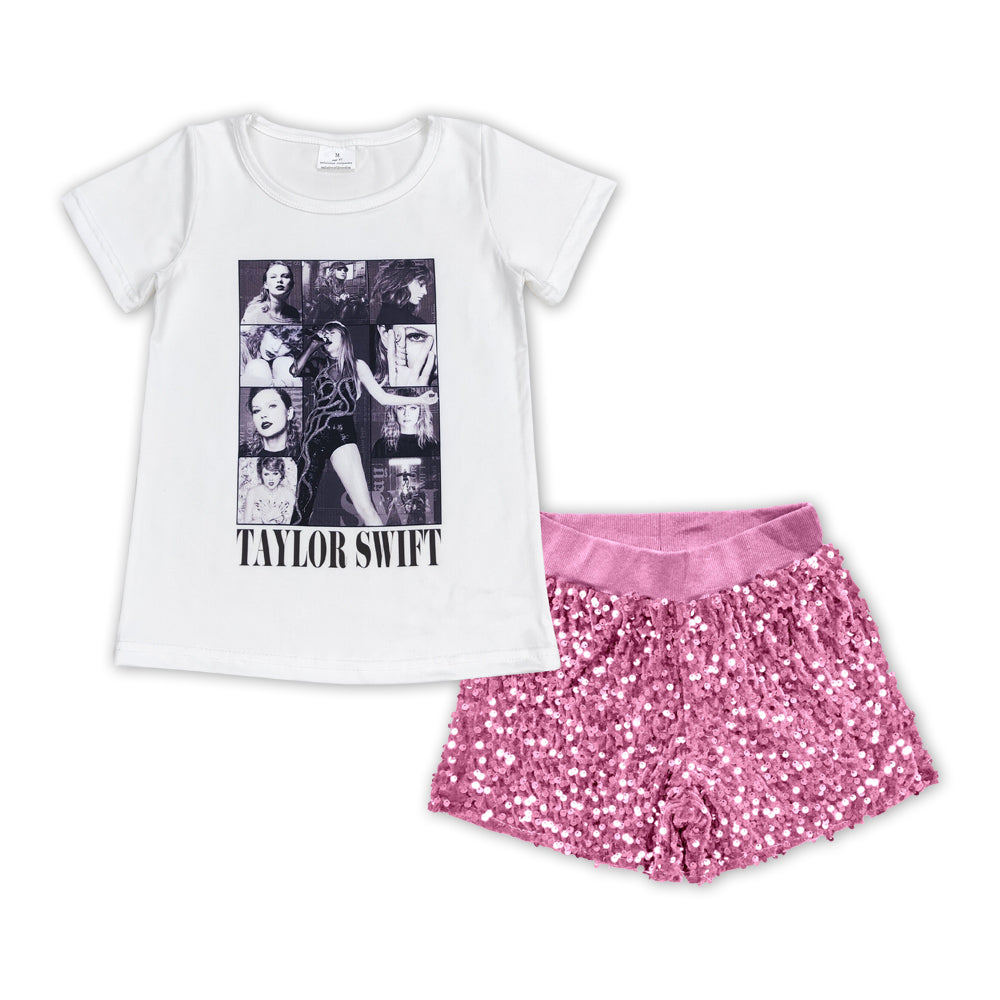 Baby Girls Grey Singer TS Tee Shirts Pink Sequin Shorts Clothes Sets
