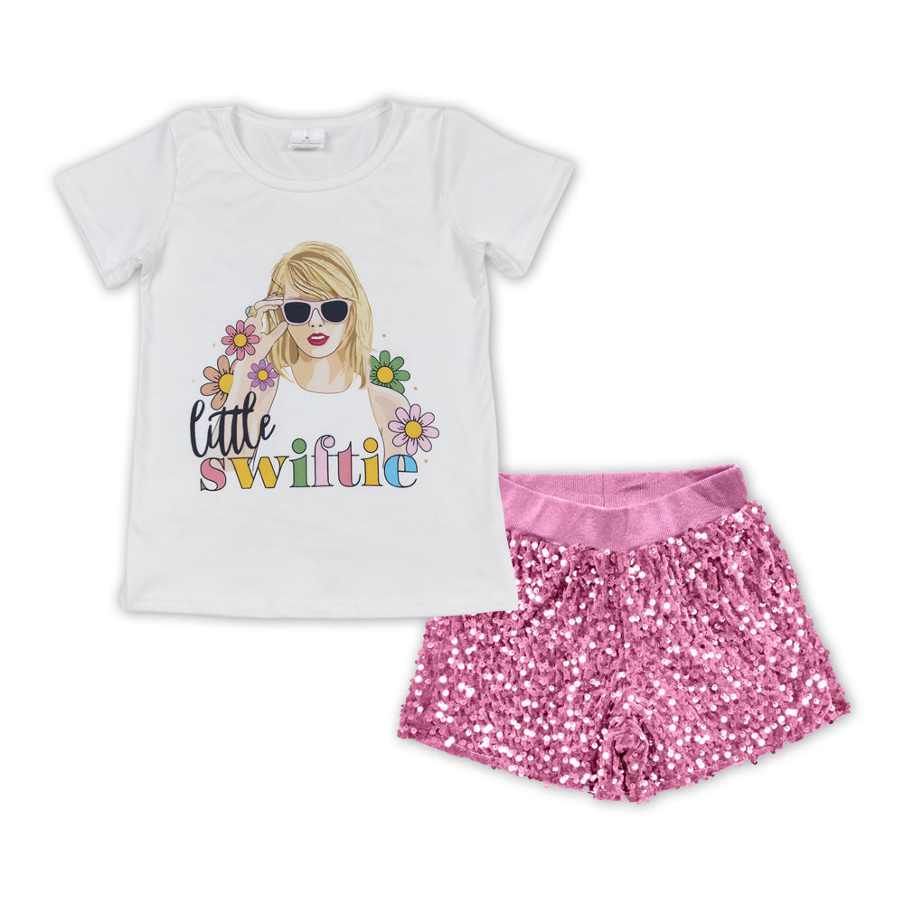 Baby Girls Little Swift Flowers Tee Shirts Pink Sequin Shorts Clothes Sets