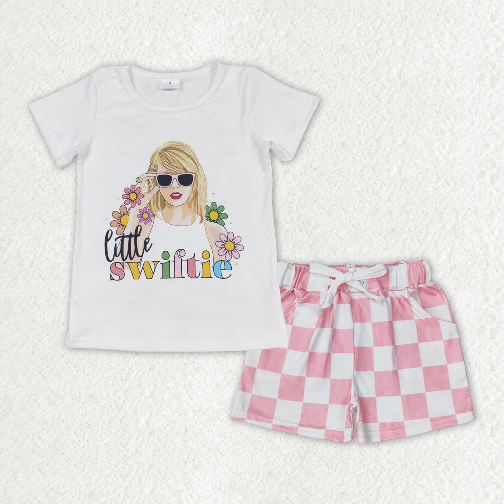 Baby Girls Little Flowers Singer Short Sleeve Top Checkered Shorts Clothes Sets