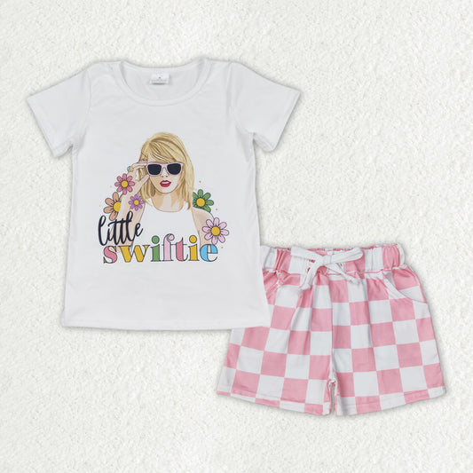 Baby Girls Little Flowers Singer Short Sleeve Top Checkered Shorts Clothes Sets