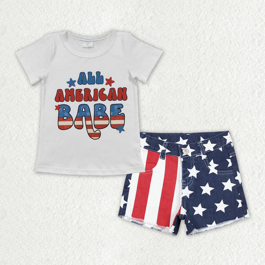 Baby Girls All American Babe Shirt Top Star Stripes Denim Shorts Clothes Sets